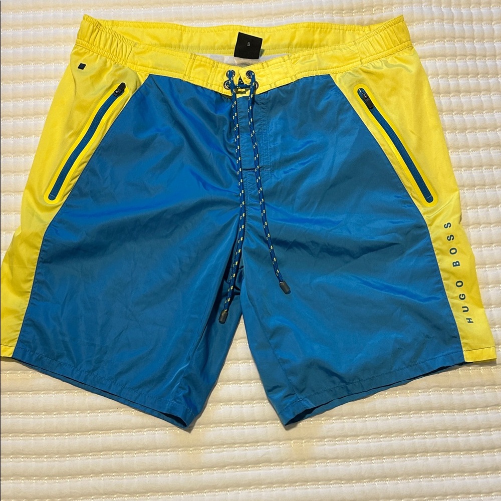 Hugo Boss Men's Vibrant Blue and Yellow Board Shorts